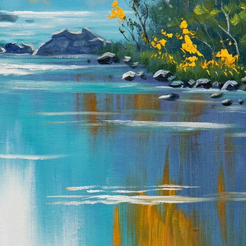 Paysage de rivière Paysage de montagne verte Détail de fleur jaune Peintures à l'huile